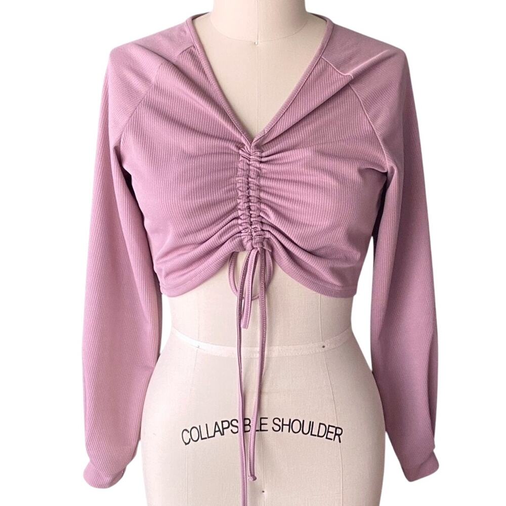 NWT ~ ROMWE Pink Ribbed Front Tie Cropped Long Sleeve Top ~ Women's Size LARGE - Picture 4 of 8